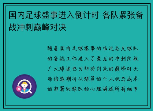 国内足球盛事进入倒计时 各队紧张备战冲刺巅峰对决