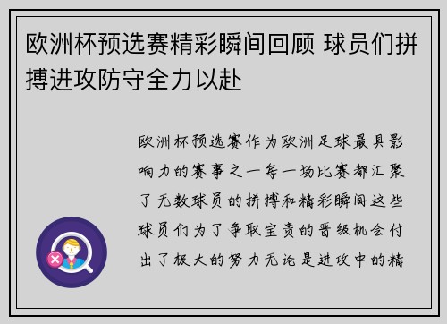 欧洲杯预选赛精彩瞬间回顾 球员们拼搏进攻防守全力以赴